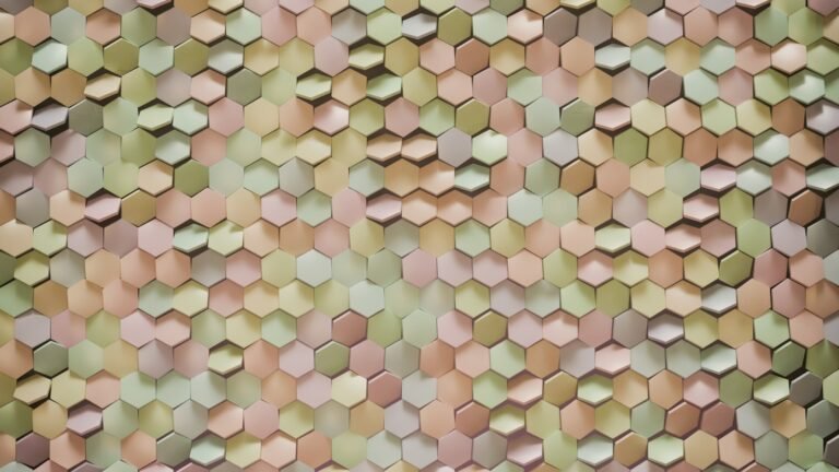 Hexagonal tiles create a colorful, textured background.