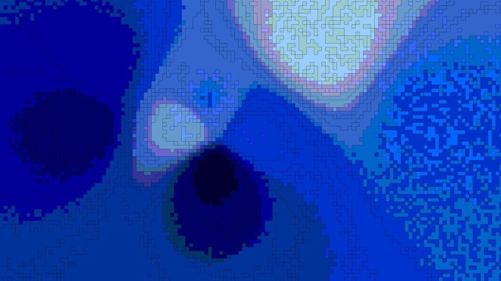 Abstract blue and white pixelated shapes on a dark background.