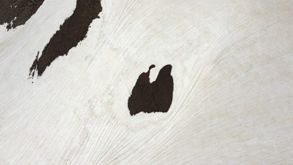 Textured white surface with dark, abstract forms.