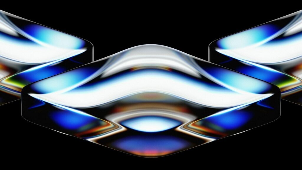 Three glossy rounded squares with iridescent blue and white light reflections on black
